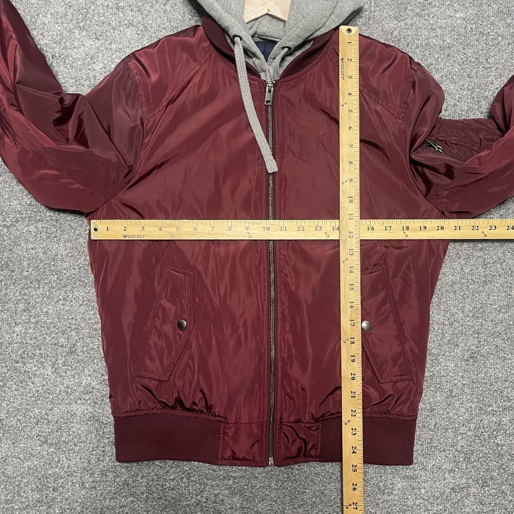 Express Women's Burgundy Bomber Jacket With Gray Hood Lined S/P - Picture 8 of 8